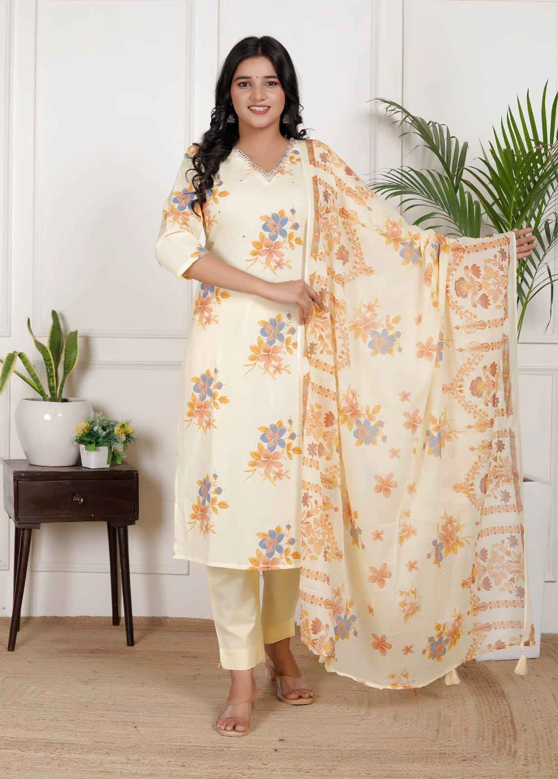 Pastel yellow  floral-print kurta set 